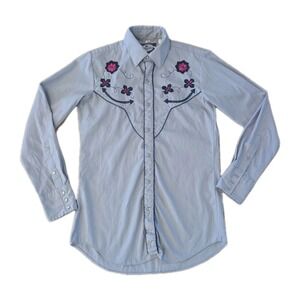 VTG 70s Prior Western Wear Pearl Snap Shirt Embroidered Floral Cowboy Made N USA